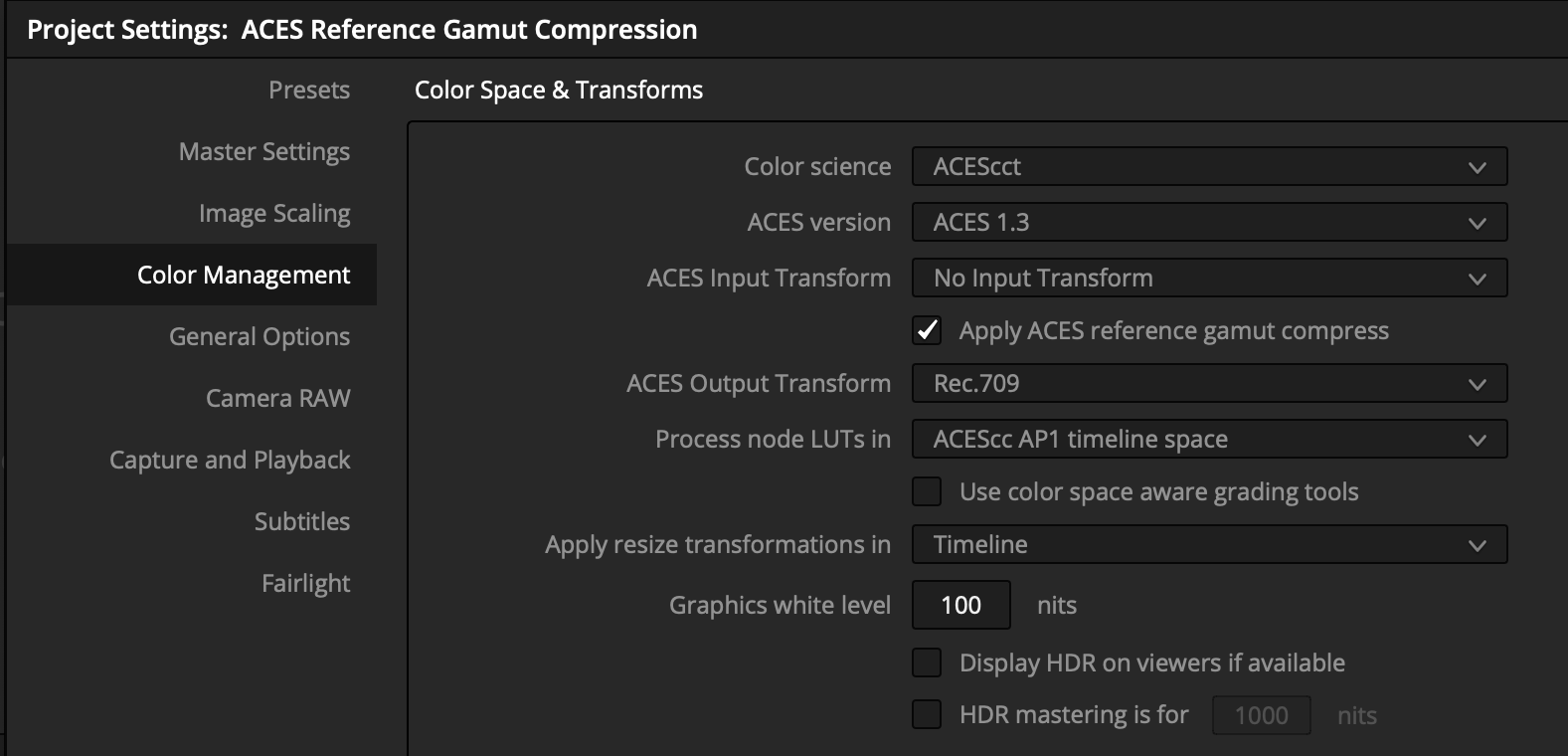 DaVinci Resolve project level RGC setting